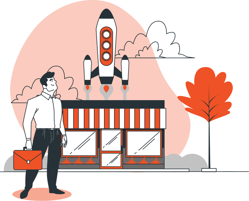 Businessman near a store with a rocket launch, symbolizing Profitb’s tech-driven efficiency and success.